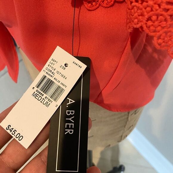 NEW Coral Pink Lace Trim Tie Front Top Blouse - Picture 5 of 15